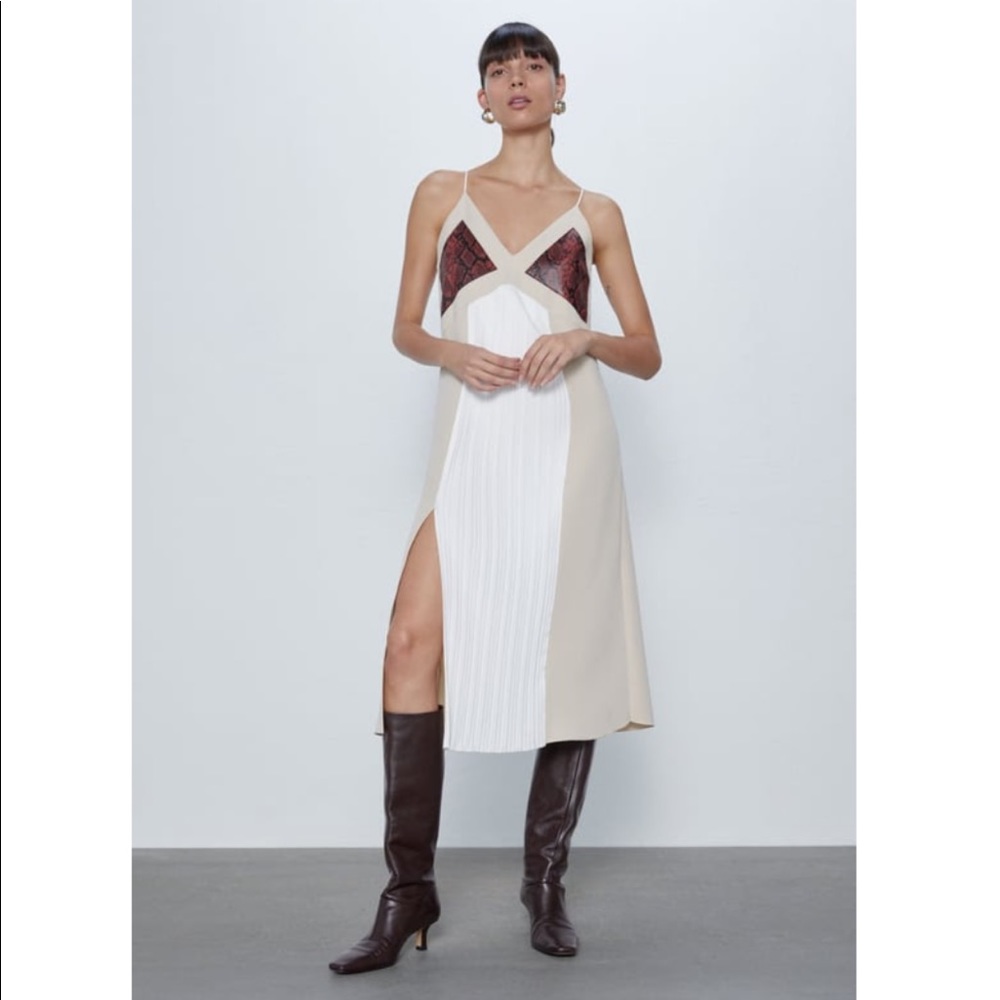 Pleated slip dress with faux leather